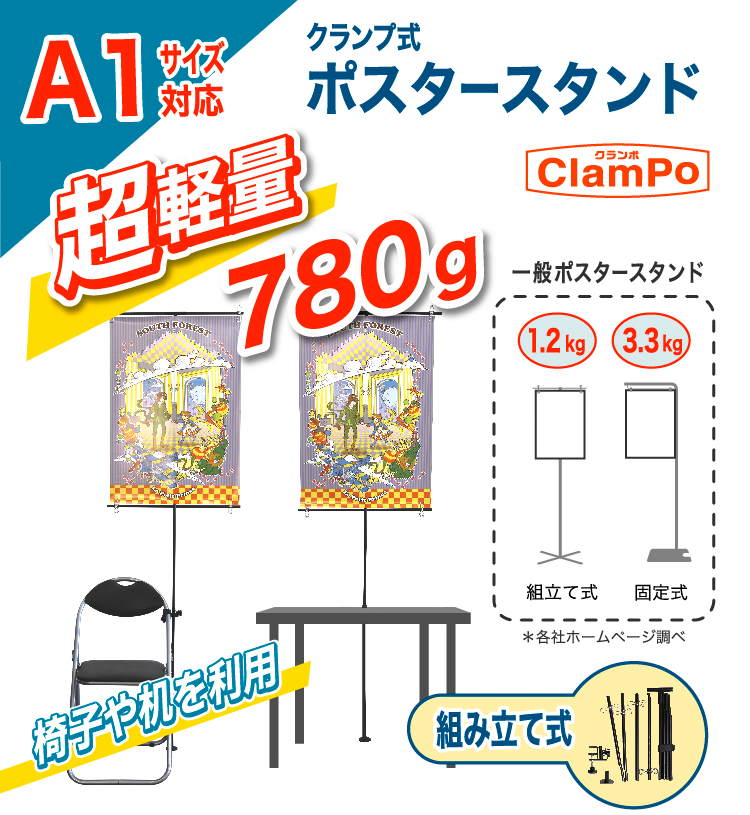 A1サイズ対応、超軽量780g組み立て式ポスタースタンドClamPo(クランポ)を椅子や机に設置してポスターを掲示しています。