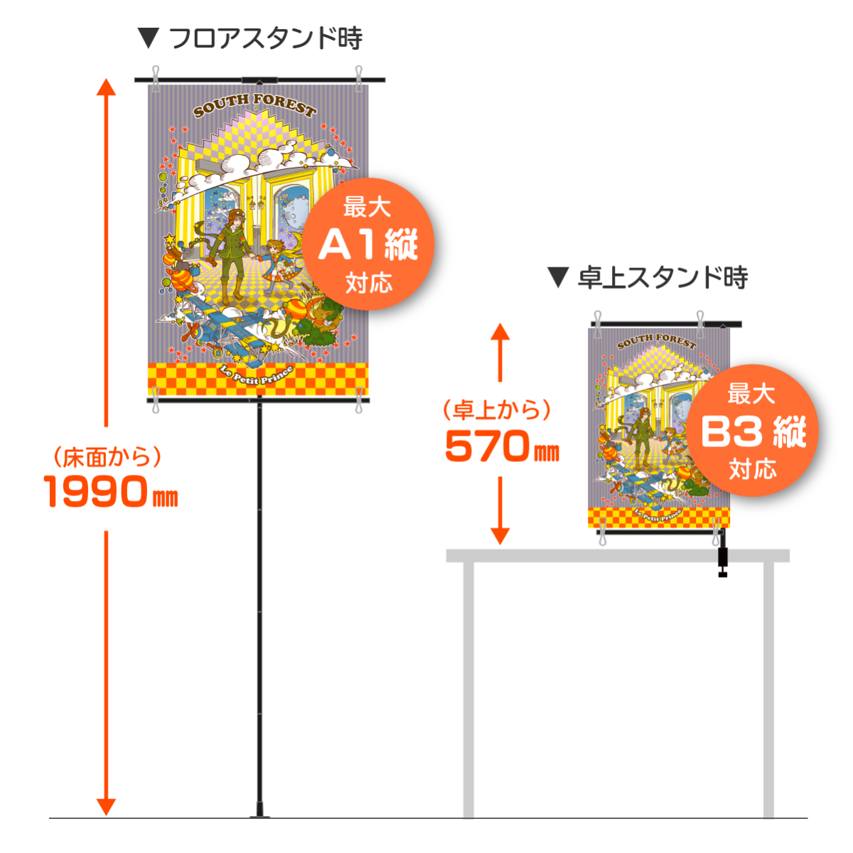 フロアスタンドはA1縦対応で床面から1990mm、卓上スタンド時は最大B3縦まで対応で卓上から570mmということを説明した画像